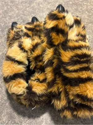 Plush Faux Fur Slip-On Slippers for Women/Unisex - Tiger Print Black & Brown S/M thumbnail 1