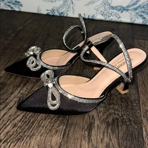 Sussany Black Satin Heels with Rhinestone Bow thumbnail 2