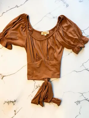 Listicle Brown Ribbed Knit Short Puff Sleeve Crop Top with Tie Back Size M thumbnail 1