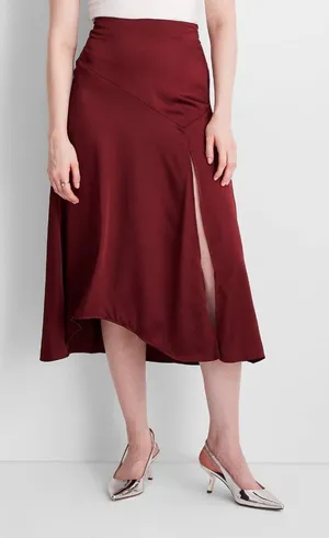 NWT Future Collective Holiday Flowy Satin Midi Skirt 92248804 Burgundy Red XS thumbnail 1