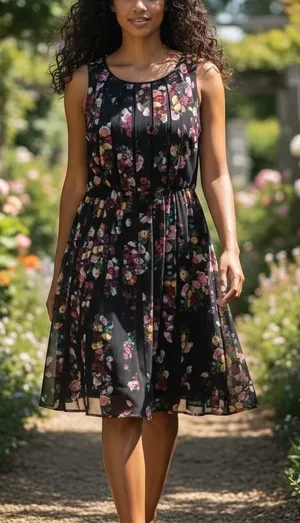 Adrianna Papell Black Floral Pleated Sleeveless Midi Dress Wedding Guest Size 14 thumbnail 1