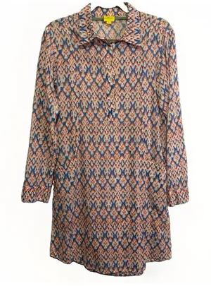 Roller Rabbit Blue Orange Ikat Roll Tab Sleeve Collared Tunic Shirt Dress Size S thumbnail 1