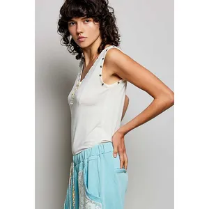 POL Studded Trim Button-Front Ruffle Detail‎ Tank - Cream - Medium thumbnail 3