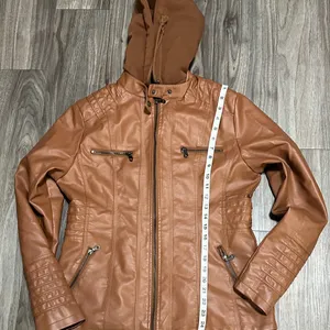 TAGOO Brown Faux Leather Jacket with Removable Hood. thumbnail 10