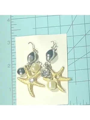 Vintage Under the Sea Dangle Earrings Starfish Embedded Rhinestones Gold/White thumbnail 5