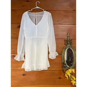 NWOT Lulus Sheer Attraction White Long Sleeve Ruffled Mini Dress Cocktail Size L thumbnail 3