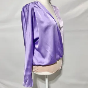 New Strut & Bolt Two Tone Satin Faux Wrap Long Sleeve Bodysuit Purple Size Large thumbnail 11