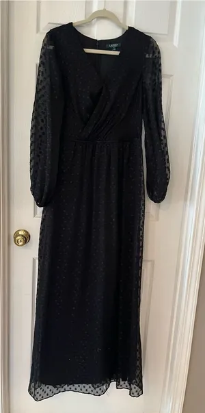 Lauren‎ Ralph Lauren Women 10 Rosaleen Polka-Dot Maxi Dress Black V-Neck FLAW thumbnail 1