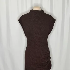 NWT!! ANTHROPOLOGIE Maya Ruched Cowl Neck Textured Midi Dress Chocolate Large thumbnail 3