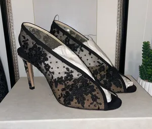 Jimmy Choo Shar 85 Black Floral Lace Peep-Toe Heels Size US 9 / EU 39 MSRP $1200 thumbnail 1