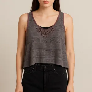 Vintage Free People Cropped Floral Laser-Cut Lace Lagenlook Tank Size XS Purple thumbnail 1