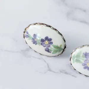 Vintage Screw On Earrings 1" Cream Oval with Purple Flowers thumbnail 5