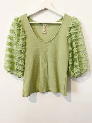 Anthropologie Dolan Puff Sleeved Blouse Size‎ Medium Green Polka Dot Ruffle Coquette Fairycore thumbnail 3