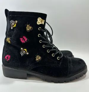 Betsey Johnson Bugsy Black Velvet Combat Boots Beaded Insect Bee Sz 8 Whimsigoth thumbnail 1