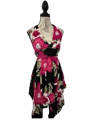 Advance Brand Y2K Hibiscus Tropical Floral Halter Dress Black Pink High Low Hem thumbnail 2