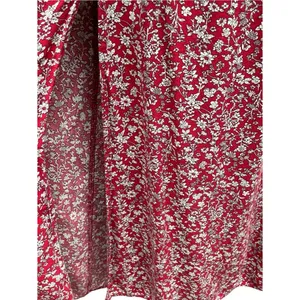 Cottagecore Boho Off Shoulder smocked Floral Maxi Dress Beach Slit Red white M/L thumbnail 7