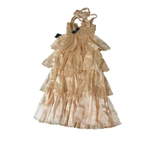 NWT Lulus Small Gold Radiant Arrival‎ Shiny Gold Organza Tiered Tie-Strap Maxi thumbnail 9