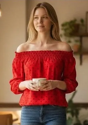 Tommy Hilfiger Red Polka Dot Off The Shoulder‎ Smocked Blouse Top Womens Large thumbnail 1