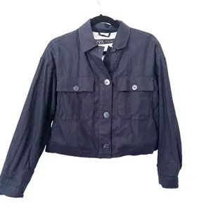 ZARA Linen‎ Short Jacket Navy Blue Medium thumbnail 2