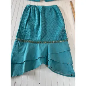 Odeliah Denim Teal Blue Smocked Studded Skirt & Jacket Set Size 16 Vintage Style thumbnail 5