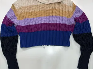 aerie 100% Cotton Cropped Zip-Up Striped Sweater in Cream, Mustard, Purple, Navy thumbnail 8