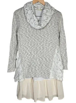 Altar'd State Gray White Lace Cowl Neck‎ Tunic Dress Layered Size M thumbnail 1