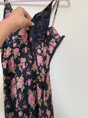 Zara Black Rose Floral Satin Maxi Slip Dress XS Lace Trim Dark Coquette Y2K thumbnail 4