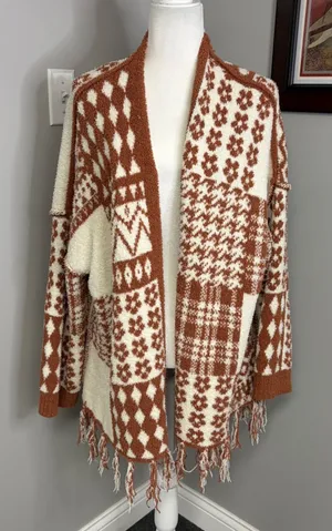 POL Clothing Patchwork Popcorn Knit Cardigan Rust Orange Cream Fringe Small thumbnail 1