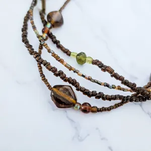 Vintage Necklace Multi Strand Glass? Amber Tone Brown Green Statement thumbnail 5