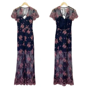 Lovers + Friends Shoreline Maxi Dress Navy Pink Lace Size Small Sheer Floral thumbnail 9