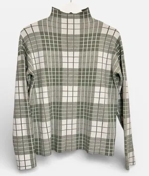 Tahari Mock Neck Sweater Green and White Plaid Medium thumbnail 1