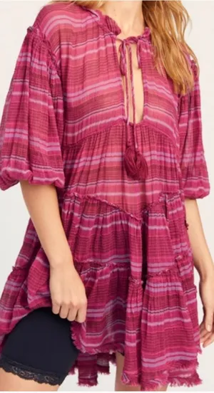 Free People Gianna Striped Tunic Dress Tasseled Pink‎ Size Small thumbnail 1