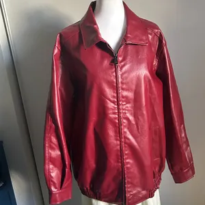 Classic Red Vegan Leather Front Zip Oversized Bomber Style Jacket thumbnail 10