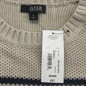 ANA A New Approach Striped Crew Neck Sweater Oatmeal Navy Blue Medium NWT‎ thumbnail 5