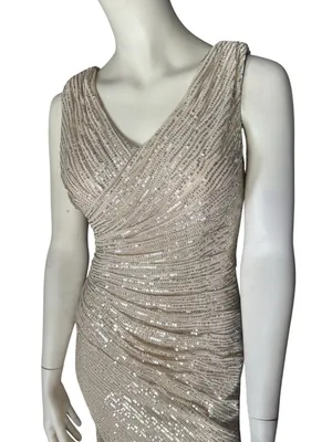 Wenkafo Double V-Neck Fit Mermaid Sleeveless Sequined Formal Champagne Sz 6 NWT thumbnail 2