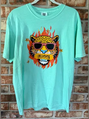 Comfort Colors Mint Green Short Sleeve Tee with Flaming Leopard Graphic thumbnail 1