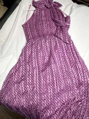 Zara Polka Dot Halter Tie Pleated Midi Dress Lilac Size L thumbnail 2