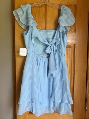 Altar’d State Light Blue Ruffle Sleeve Smocked Tiered Mini Dress Medium NWT thumbnail 5
