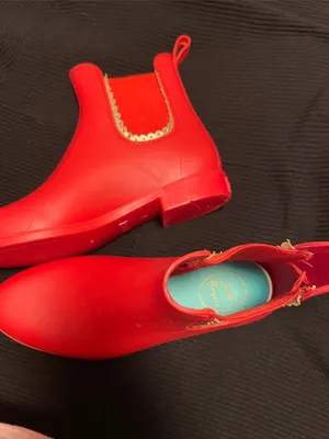 Jack Rogers Red Chelsea Rain Boots with Gold Trim thumbnail 8