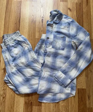 Hollister Women’s Light Blue and White Plaid Flannel Pajama Set thumbnail 1