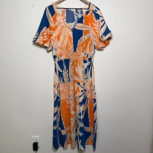 FIG + FLOWER‎ Women Dress Large Tropical Leaf Print Smocked Orange Boho Resort thumbnail 2