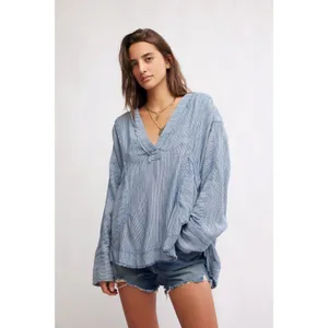 Free People Bohemian By The Shore Tunic Shirt Indigo Stripe Medium Coastal thumbnail 4
