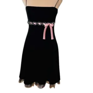 Betsy & Adam Vintage Black Velvet Mini Dress Pink Bow 6 XS thumbnail 9