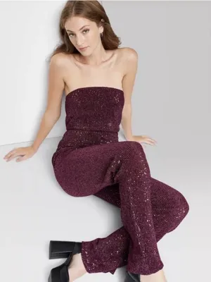 NWT Wild Fable Merlot Sequin Strapless Wide-Leg Jumpsuit - Size 2X thumbnail 1