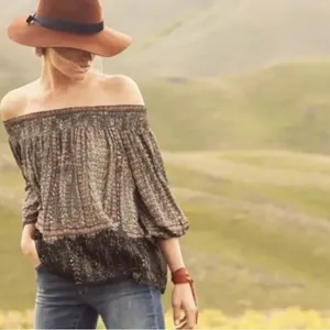 Anthropologie Black and Cream Off the Shoulder Lace Trim Western Boho Top Size S thumbnail 2