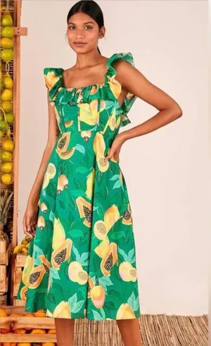 Farm Rio Green Papaya Salad Midi Dress Sz Small Floral Tropical Vacation Resort thumbnail 1