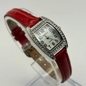 Studio Time Mother Pearl Crystals Red Band Women’s Watch Working New Battery thumbnail 3