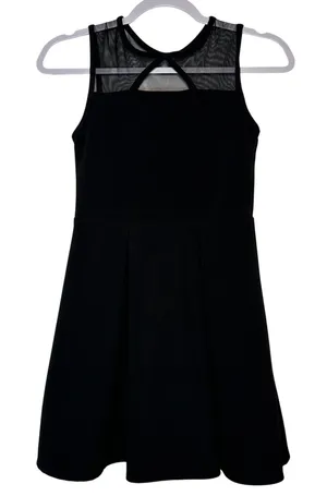 AQUA Black Sleeveless Mesh Yoke Cutout Fit and Flare Skater Dress‎ Large USA thumbnail 1