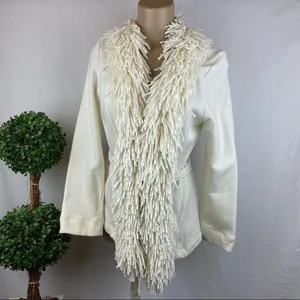Ruby Rd. Ivory Fringe Trim Cotton Cardigan Tie Ponte Knit Sweater M thumbnail 3
