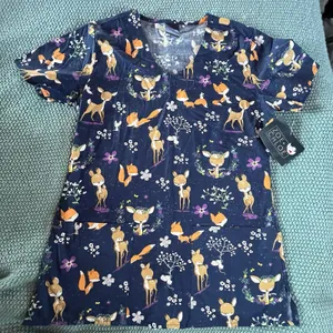 Zoe + Chloe Scrubs Uniform Medical Top Baby Deer Doe Blue Design Women’s XSmall thumbnail 1